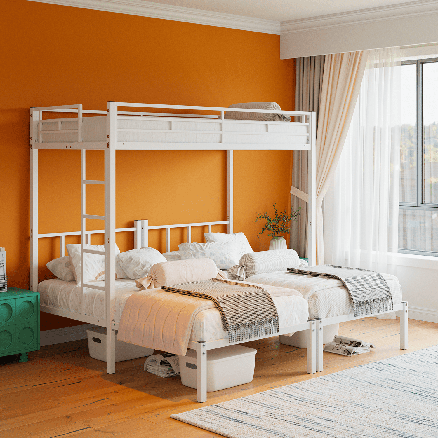 Yoneston Convertible Triple Bunk Bed, 3 in 1 Metal Bunk Bed with Safety Guardrails & Ladder for Dorm, Guest Room, No Boxing Spring Needed, White