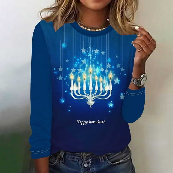 Wancir Hanukkah Sweatshirt Women Ugly Hanukkah Sweater Menorahs Graphic Crewneck Pullover Shirt
