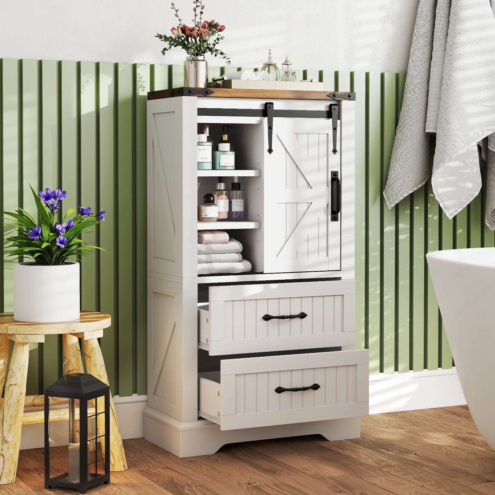 Gymax Farmhouse Bathroom Floor Cabinet w/Sliding Door Adjustable Shelves & 2 Drawers