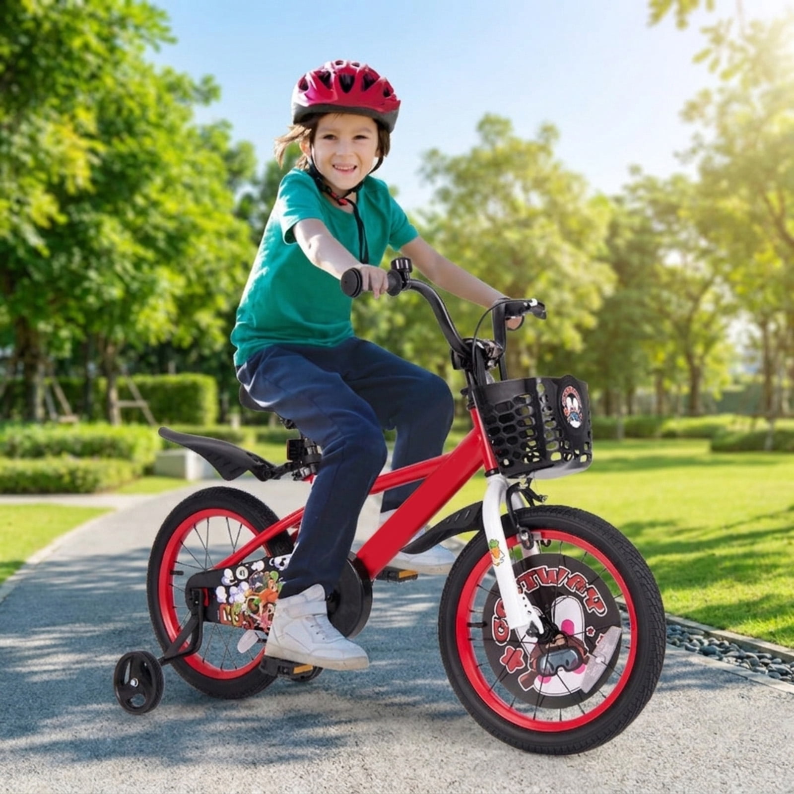 Redsmile Kids Bike 16 Inch with Training Wheels for Boys Girls Ages 4-8, Adjustable Kids Bicycle with Storage Basket, Double Handbrake and Coaster Brake, Carbon Steel Frame Youth Bike, Red