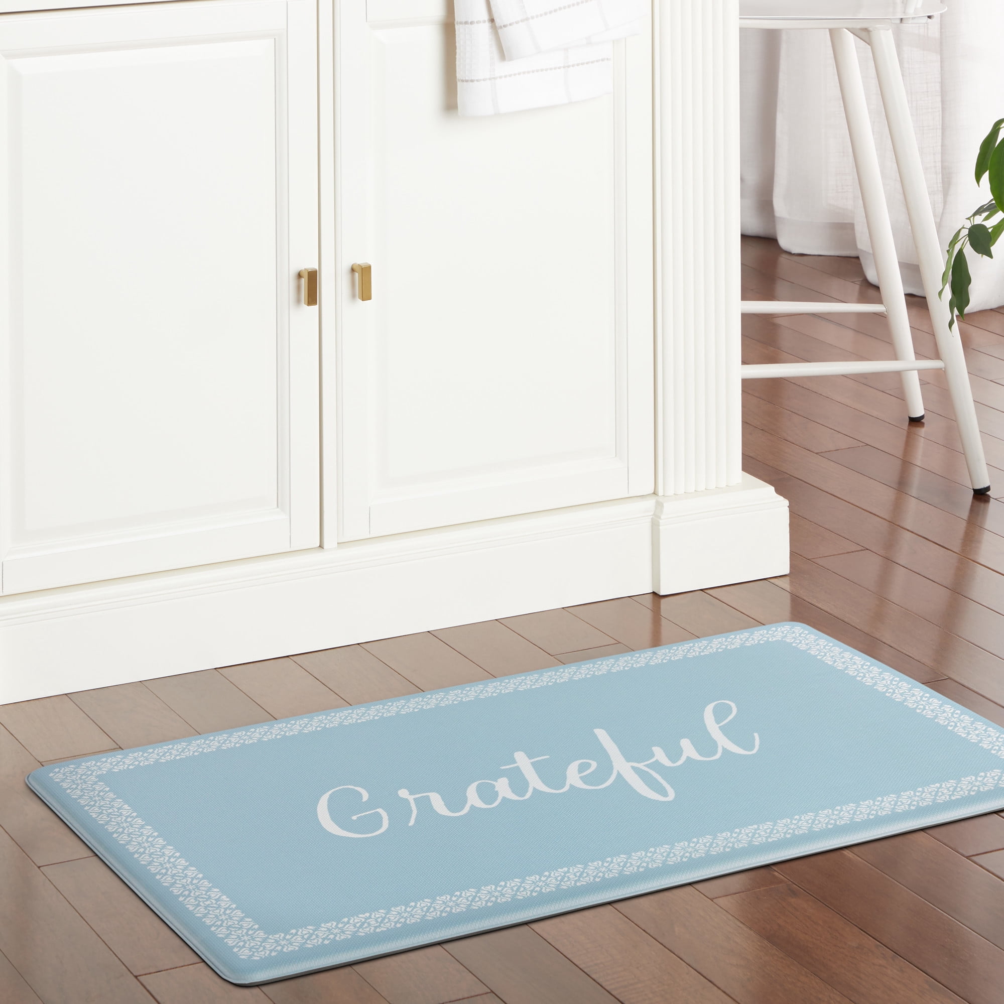 MARTHA STEWART Bloomfield Grateful Border Kitchen Mat, Comfort Standing Mat, Non-Slip Backing, Water & Stain Resistant, Blue, 18"x30"