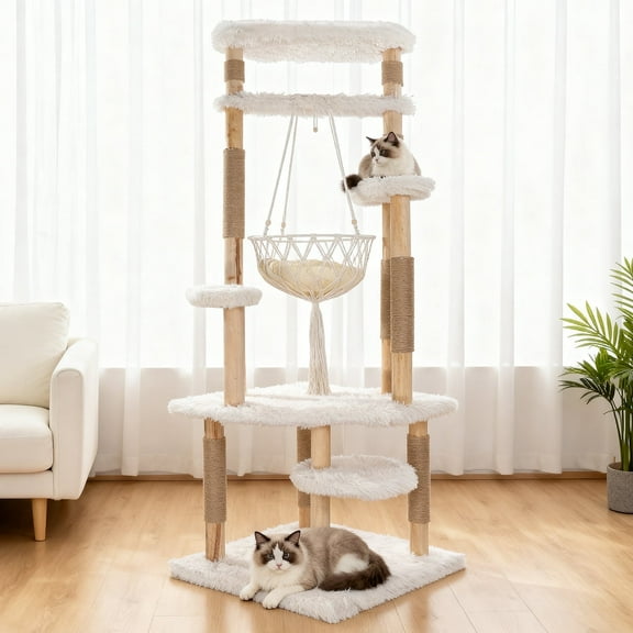Modern Multi-Level Cat Tree Tower for Indoor Cats, 70" Tall Natural Solid Wooden Cat Tower with Sisal Scratching Post, Luxury Cat Furniture with Swing Hammock for Cat Households White