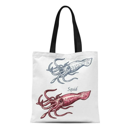ASHLEIGH Canvas Bag Resuable Tote Grocery Shopping Bags Squid Seafood Sketch Sea European with Pink Tentacles and Mantle Fish Tote (Best Grocery Store For Seafood)