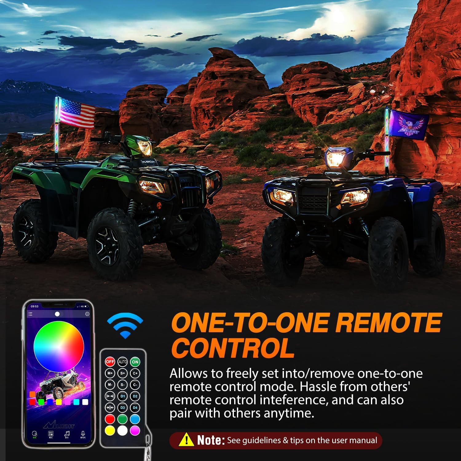 Nilight RGB Whip Light 1PC 3FT Lighted Antenna Whips with Remote & App Control DIY Chasing Patterns Brake Reverse Lights for ATV UTV Polaris RZR Can-am Dune Buggy Pickup Trucks Jeep