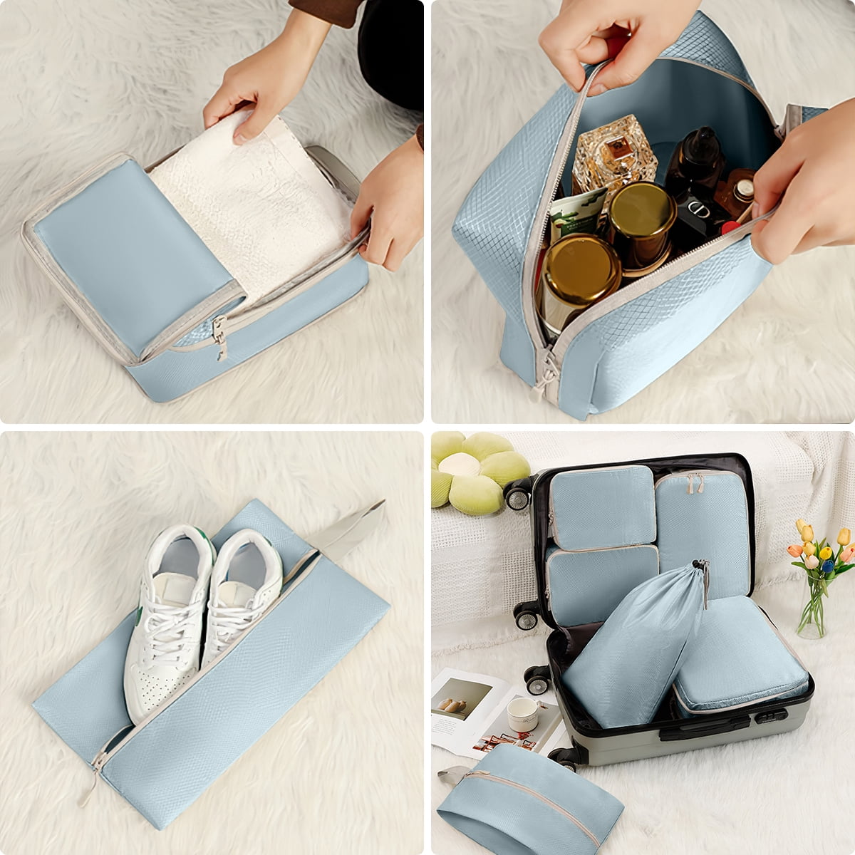 Compression Packing Cubes for Suitcase, 12 PCS Travel Luggage Packing Organizers Waterproof Travel Essentials Bag Clothes Shoes Cosmetics Toiletries Storage Bags for Travel, Blue