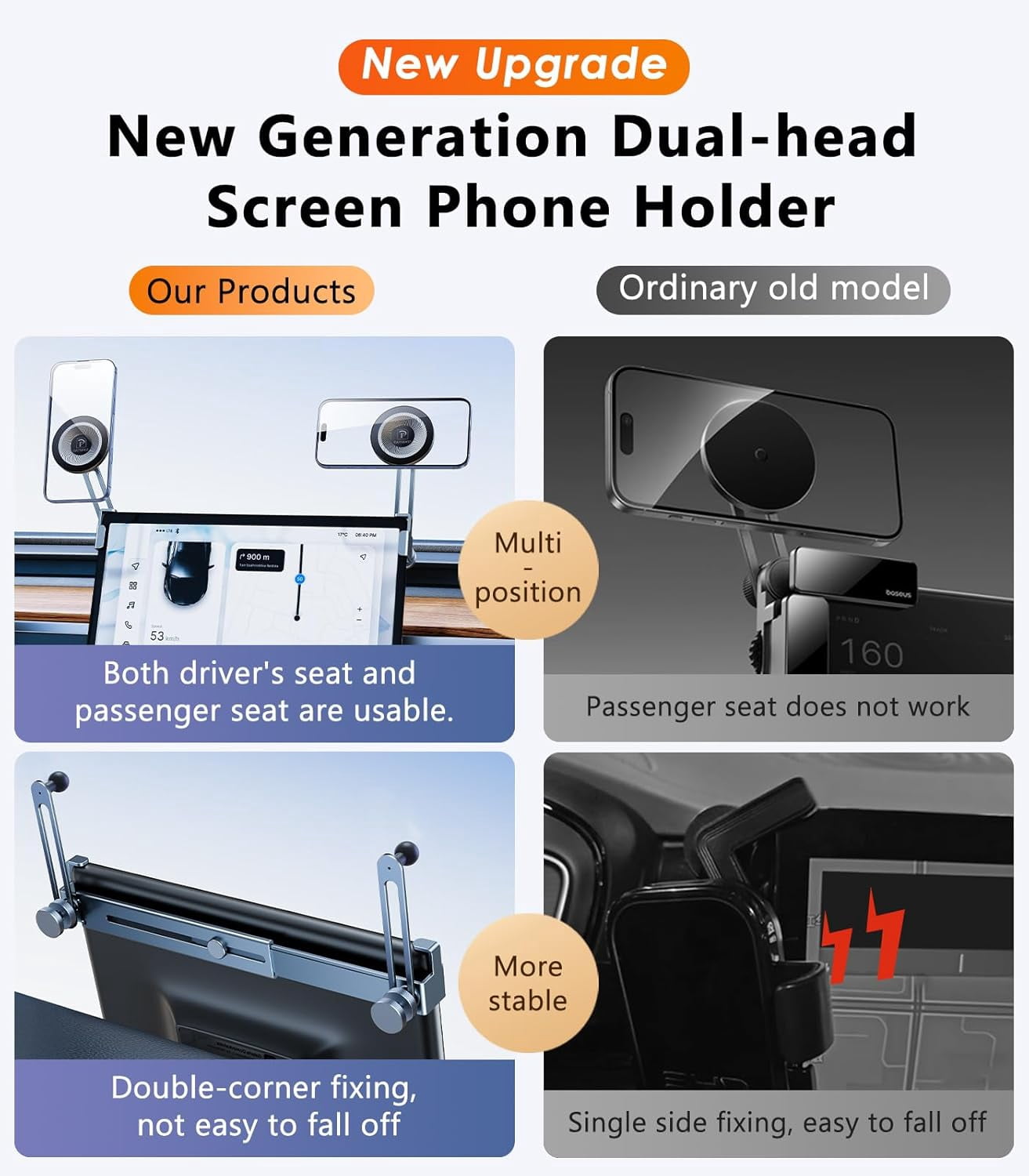 Dual Head Tesla Phone Mount Model Y/3 2026 2025 2024 2023 2022 2021, [Magnetic/Clip] Car Accessories for Tesla Screen Phone Holder Stand, (Fit for Tesla Model Y(Juniper)/3(Highland))