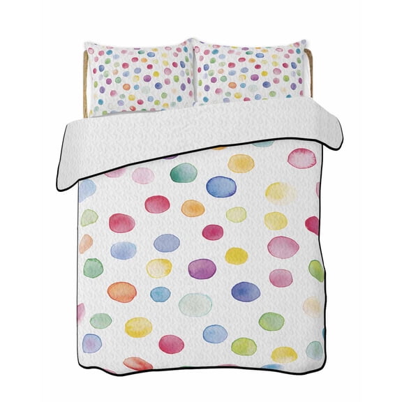 Colorful Polka Dot Summer Quilt Set King Size, Soft Microfiber Quilted Bedding Set with 2 Pillow Shams, Rainbow Polka Dot Watercolor Lightweight All Season Bedspread Coverlet for Bedroom 96"x106"