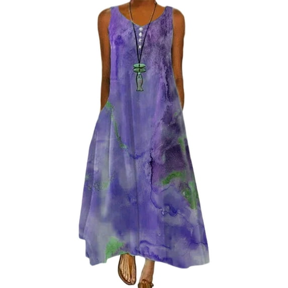 Niuer Women Long Dress Abstract Print Summer Beach Sundress V Neck Maxi Dresses Sexy Sleeveless Purple 2XL