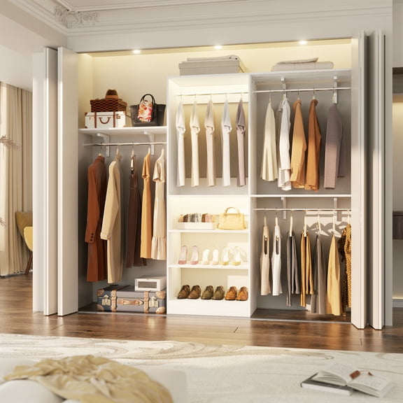 iSunirm 8FT Closet Organizer and Storage System, Closet System with Hanging Rods and Storage Shelves, 96''W x 16''D x 75''H, White