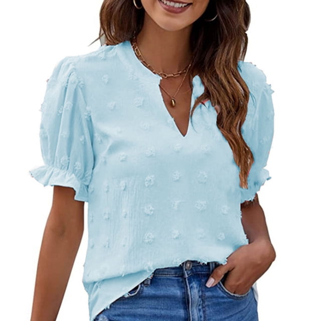 Camisas de gasa para mujer, blusas casuales de verano, manga corta, cuello en V, blusas con pompones de punto suizo para el trabajo, viajes y fiestas