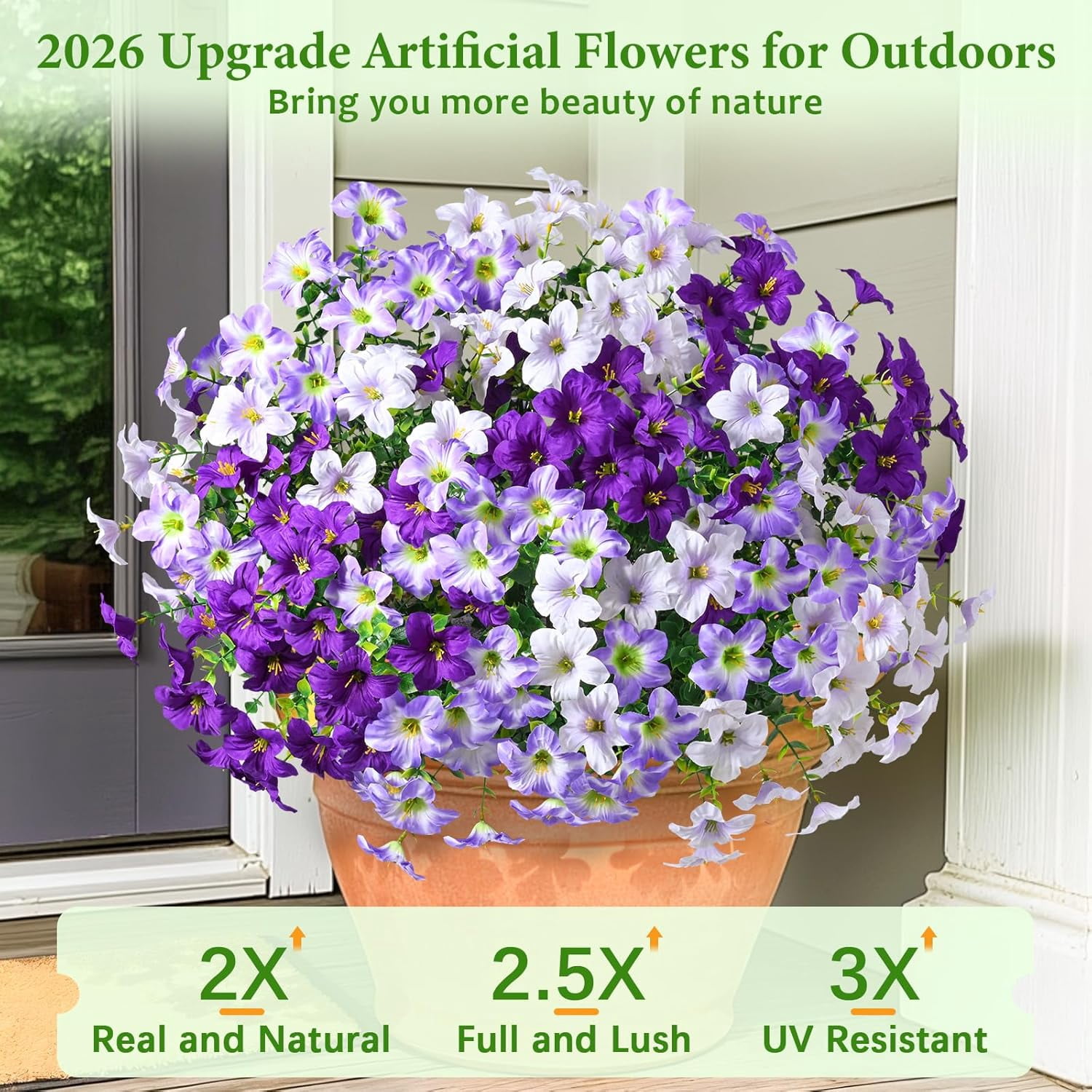 Yastouay 12 Bundles Artificial Petunias Flowers for Outdoors,UV Resistant Fake Flowers for Planters,Purple White Faux Petunias Silk Flowers for Proch Garden Yard Decor