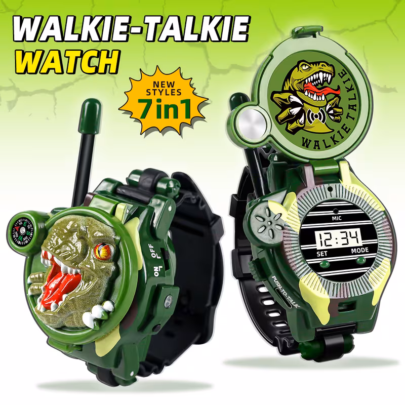 Walkie Talkies for Kids,2 Pack 7-IN-1 Rechargeable Dinosaur Watch Walkie Talkies for Boys Girls,Long Range Radio Indoor Outdoor Toys for Boys Girls,Dinosaur Toys Birthday Gifts for 3 Year Old Child