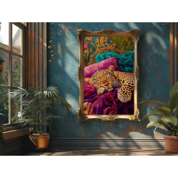 Sleeping Leopard Maximalist Bedroom Wall Art, Unframed Paper Print Size 8x12