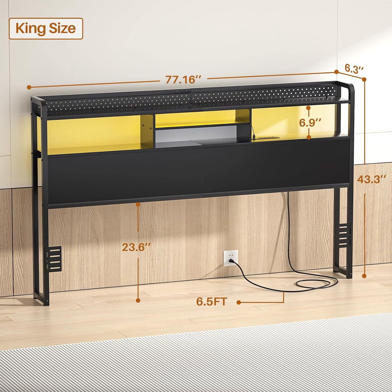 Homieasy Headboard for King Size Bed with Storage Shelf, Head board with 3 Outlets and 2 USB Ports, Headboards with RGB LED Light, Height Adjustable, Sturdy and Stable, Easy Assembly, Black