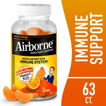 Airborne 750mg Vitamin C Immune Support Gummies, Multivitamin Supplement, Zesty Orange Flavor, 63 ct