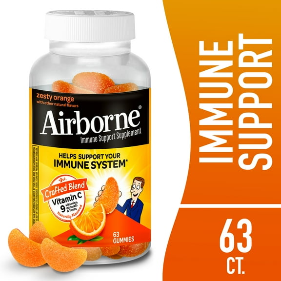 Airborne 750mg Vitamin C Immune Support Gummies, Multivitamin Supplement, Zesty Orange Flavor, 63 ct