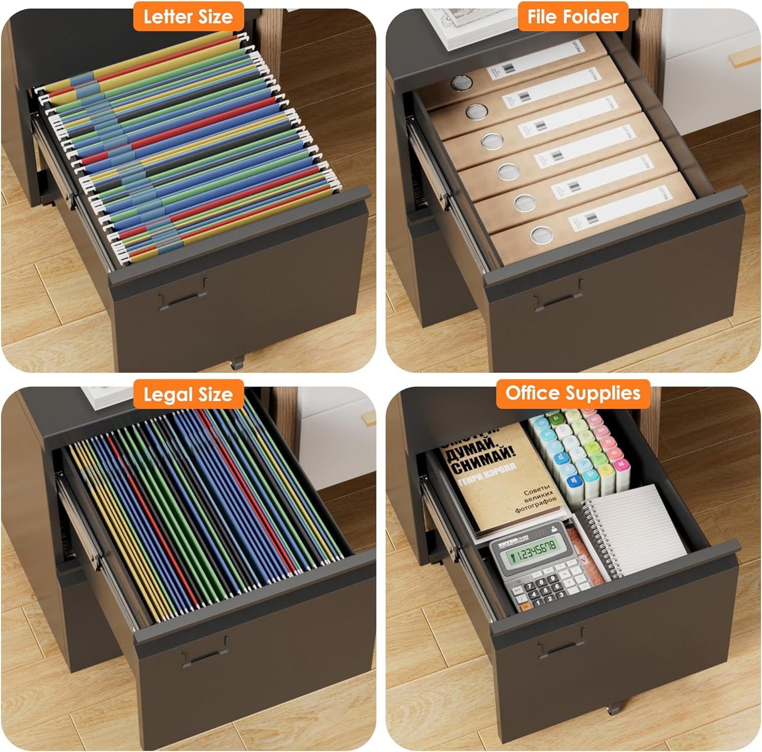 Black Metal 2 Drawer Mobile File Cabinet - 19.69 in Width Under Desk Cabinet for Office Home Legal Letter Size Storage