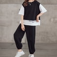 thumbnail image 2 of Jumpingount Conjunto de ropa de verano para niñas y adolescentes de 2 piezas, camiseta de empalme de estilo informal, pantalones atados a los conjuntos de ropa Negro 160cm, 2 of 6