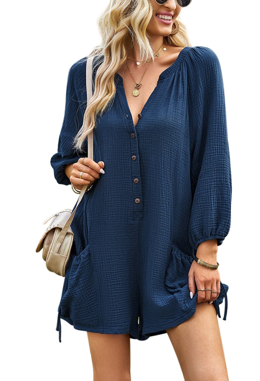 Pink Queen Rompers for Women V Neck Rompers Button Down 3/4 Sleeve