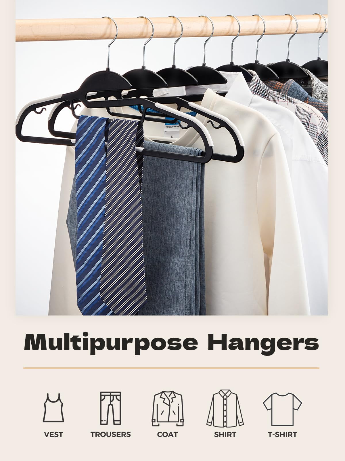 House Day Adult Plastic Non-Slip 50-Count Clothes Hangers with Rubber Pads, Black 50 Pack