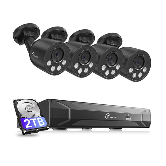 Loocam 4K Ultra HD 8-Channel 8MP PoE 2TB NVR Security Camera System, 4 Wired PoE IP Cameras, Smart Human Vehicle Detection