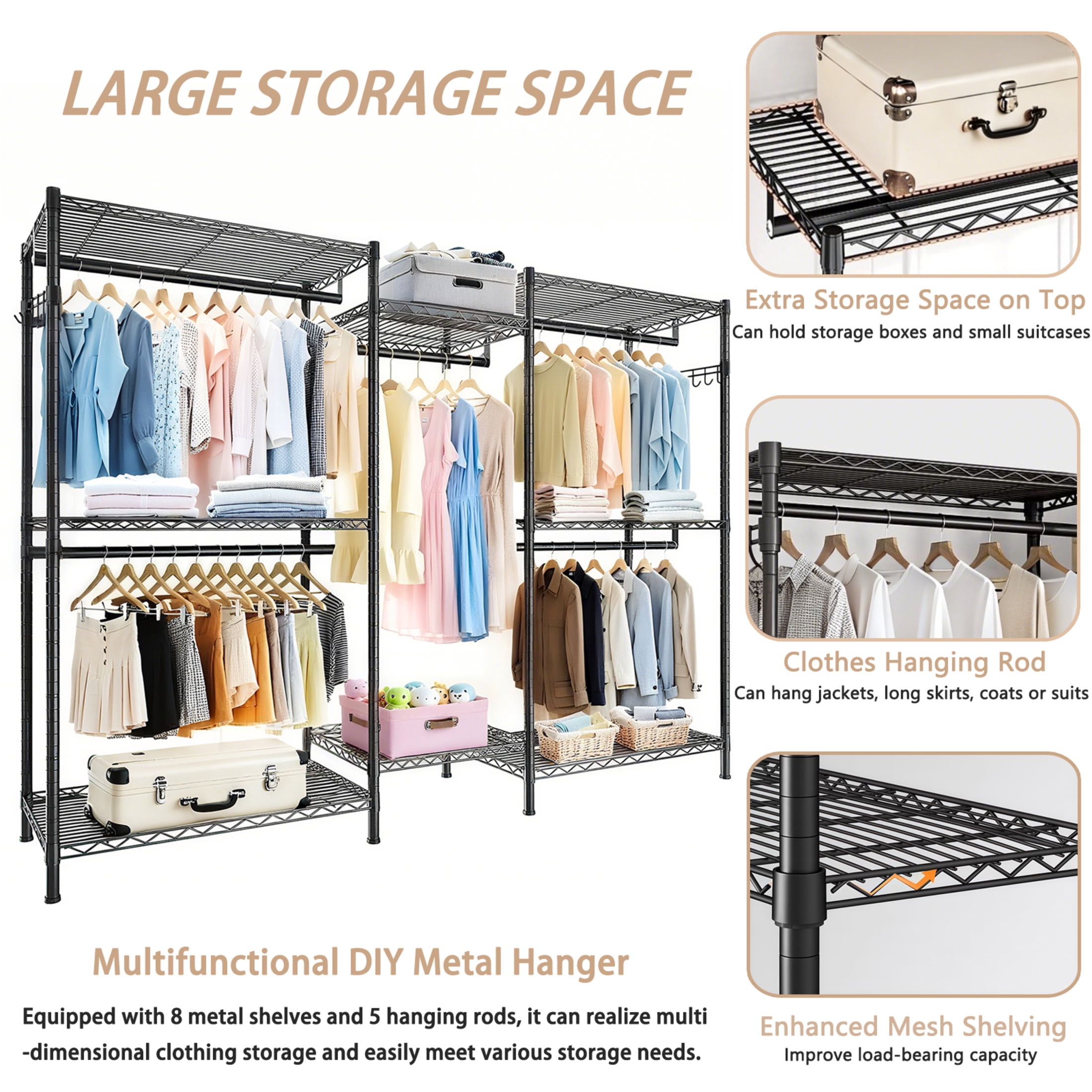 Noble House 74" Heavy-Duty Garment Clothes Rack, Adjustable Wire Shelves and Rail Freestanding Closet Organizer, Black