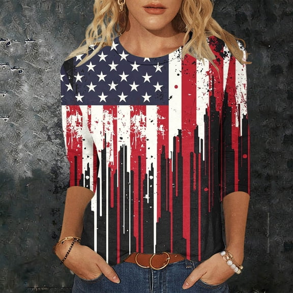 Xdegoge 4th of July Patriotic T Shirt for Women USA American Flag Three Quarter Sleeve Crewneck Stars And Stripes Happy Labor Day Graphic Print Breathable Summer Tops