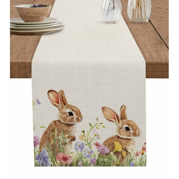 Table Runner Dresser Scarf 13 x 90 Inch Spring Easter Bunny Wildflowers Flowers Vintage Table Runners Non-Slip Heat Kitchen Dining Table Decor for Indoor Outdoor Home Party Decoration