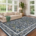 thumbnail image 2 of FairOnly 5'x7'Retro Floral Printed Machine Washable Area Rug Ultra-Thin Low Pile Stain & Pet Friendly Non Slip Indoor Rug for Living Room Bedroom Kitchen Dining,Blue, 2 of 7