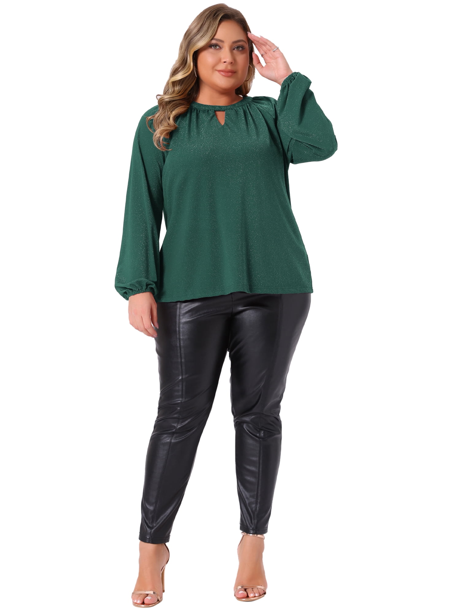 DARING DIVA Women's Plus Glitter Keyhole V Neck Blouses 4X Green