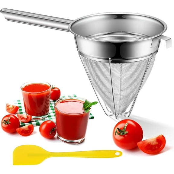 Stainless Steel Reinforced Bouillon Sieve Strainer Cone Fine Mesh Strainer with Handle and Rubber Pestle for Kitchen Food Cooking(8 Inch)