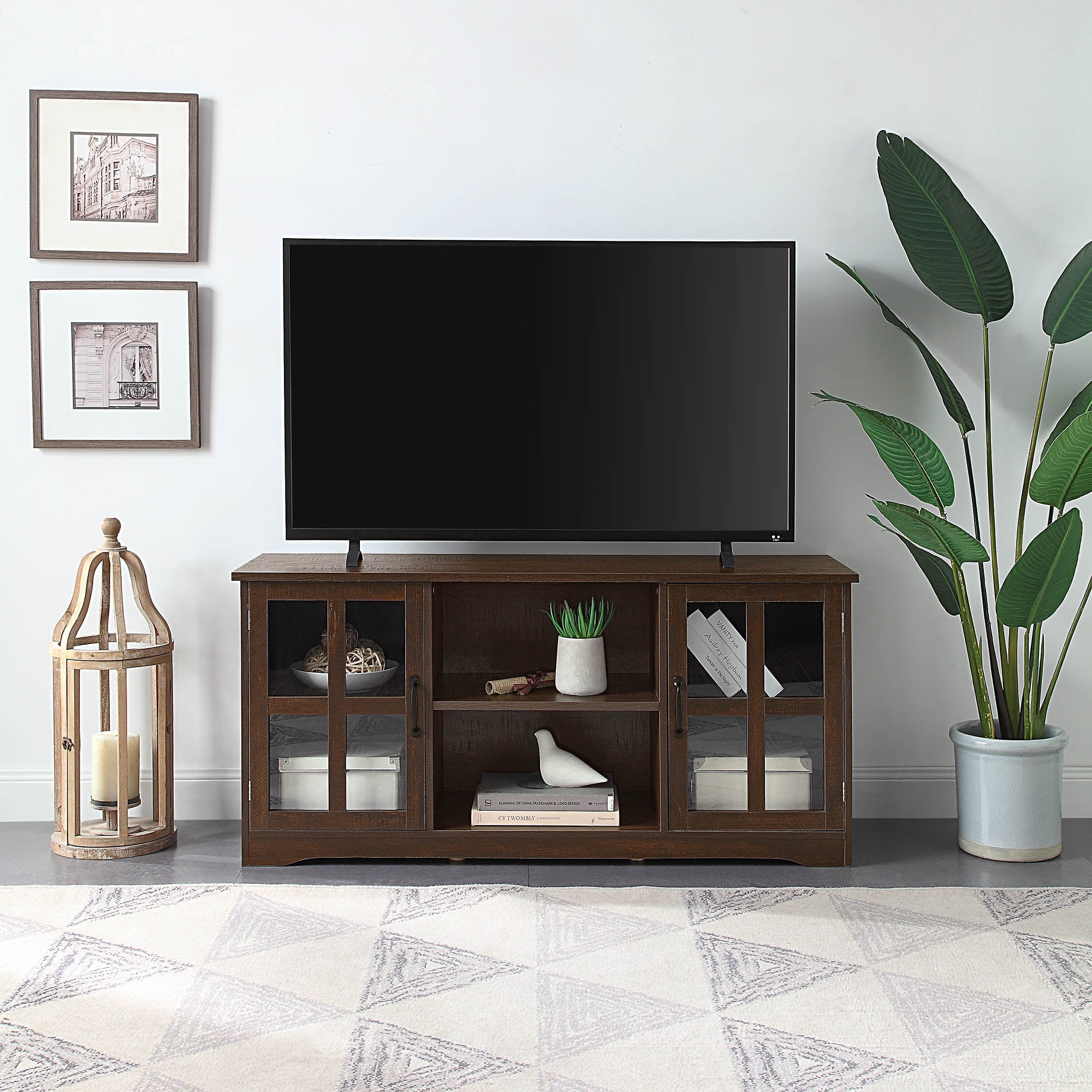BELLEZE Cori 52 Inch TV Stand Wood And Glass Console For TVs Up To 60