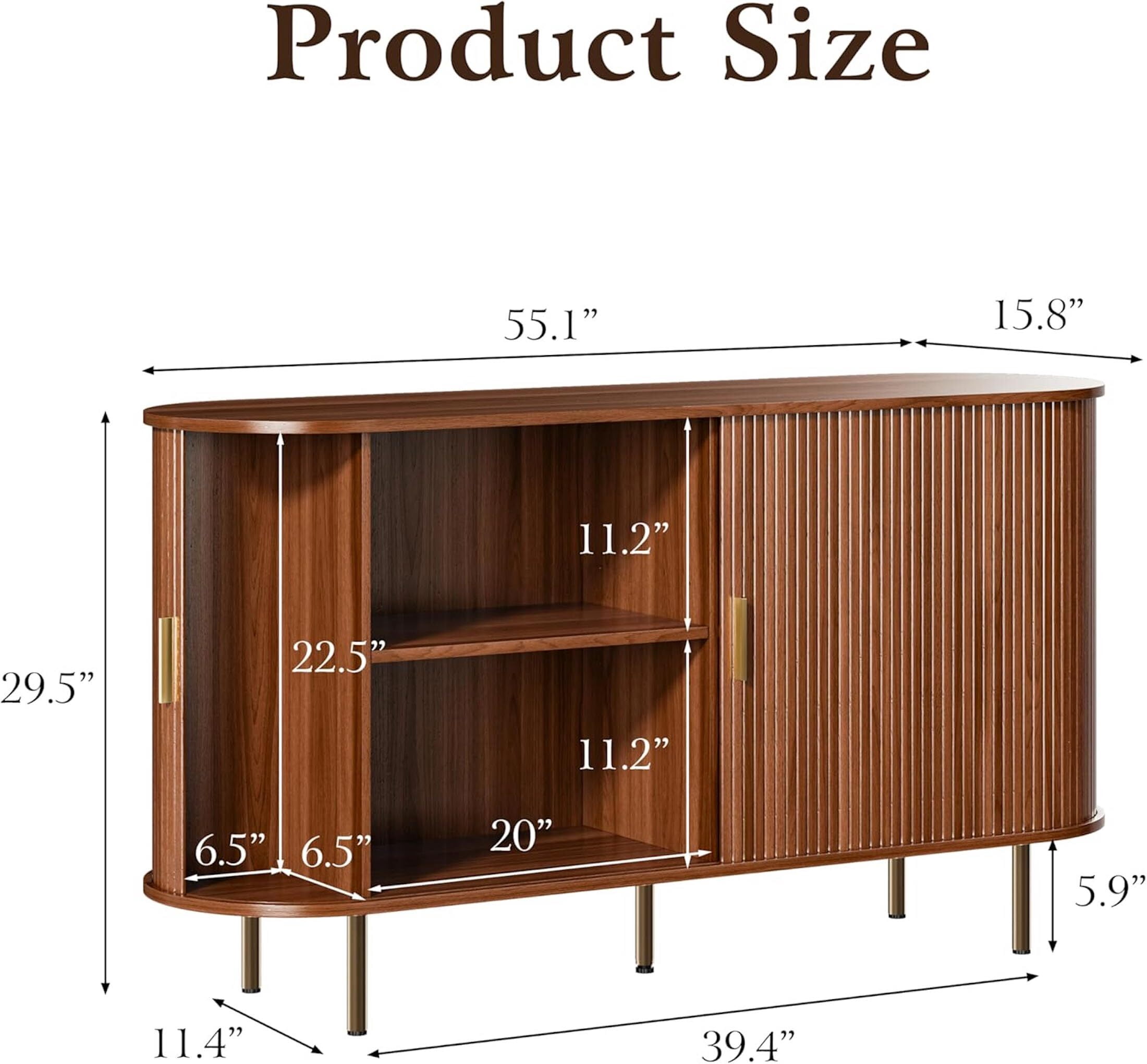 Aisword Sideboard Buffet Cabinet with Storage,Mid Century Modern Fluted Accent Coffee Bar Console Table,Tambour Sliding Doors& Adjustable Shelf for Kitchen, Living Room, Entryway, 55 Inch Walnut