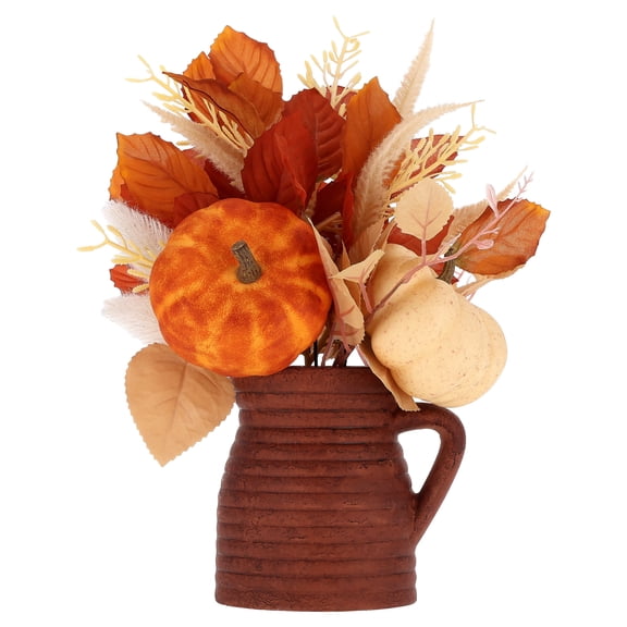 Pumpkins and Foliage Artificial Arrangement in Milk Jar, Multicolor, 13", Fall by Way To Celebrate