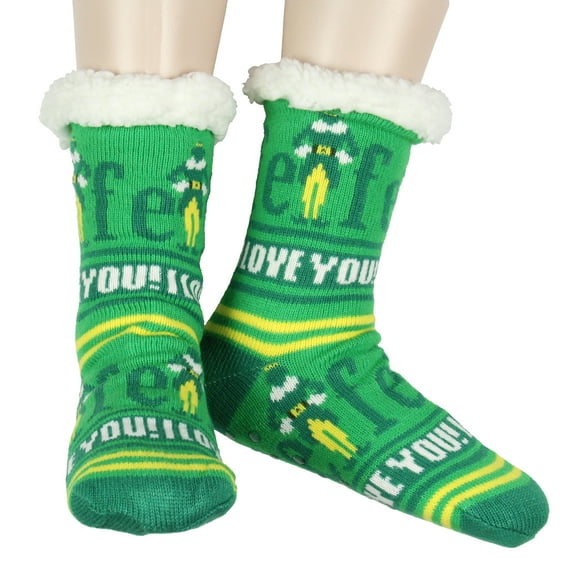 Elf Socks I Love You Fair Isle Sweater Knit Faux Shearling Lined Adult No-Slip Slipper Socks for Men and Women