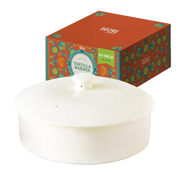 Chef Tacos Ceramic Tortilla Warmer, Microwavable, Tortilla Holder Container, Pancake Keeper, Best for Storage Tortilleros, with Lid (10-inch, Cream)