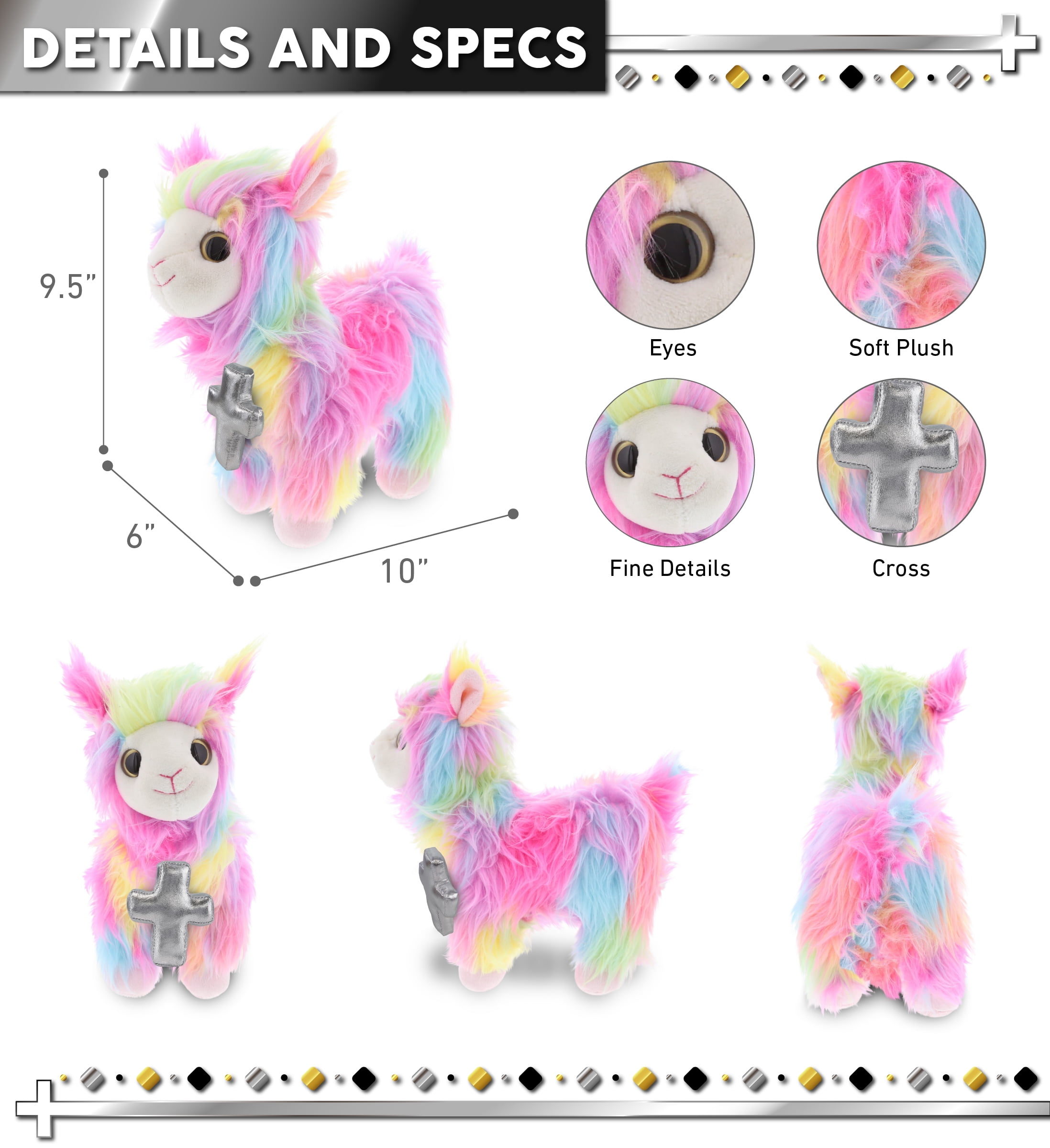 DolliBu Rainbow Llama Stuffed Animal with Silver Cross Plush - Religious Baptism Gifts for Boys and Girls, Dedication Christening Gifts Plush Prayer Toy Healing Stuffed Animal - 10 Inches