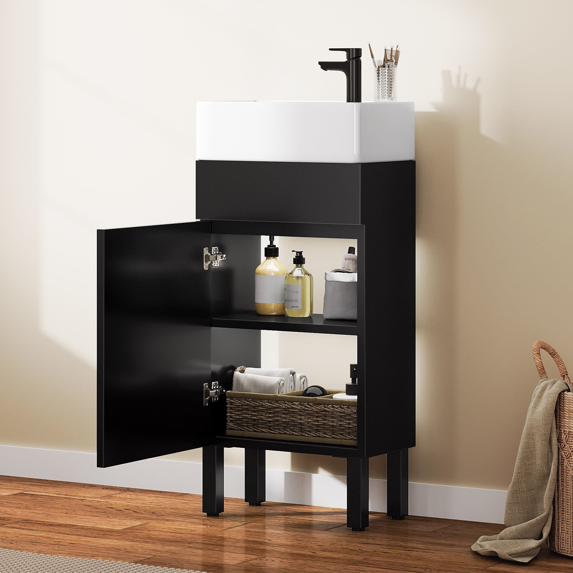 Dextrus 16 Inch Small Bathroom Vanity with Undermount Sink , Free Standing Bathroom Storage Cabinet with Drain & Door for Small Space , Black