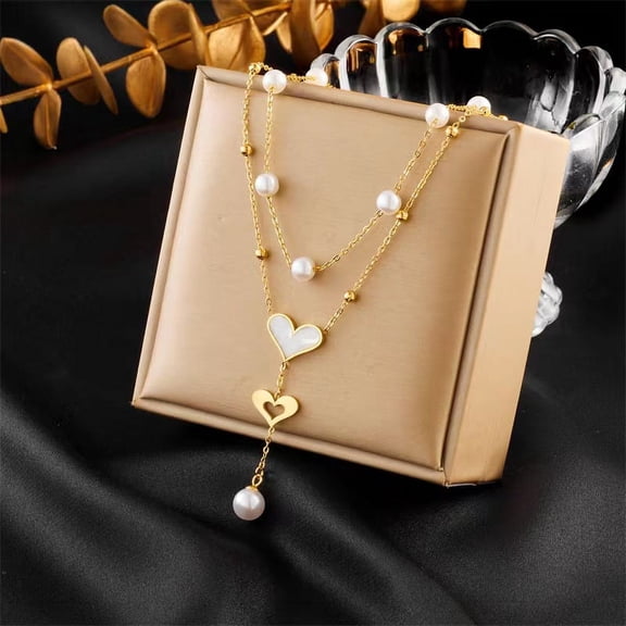 Nvzi-c handmade necklace pendant suitable for both men and women, heart-shaped pearl double-layer layered necklace (gold)