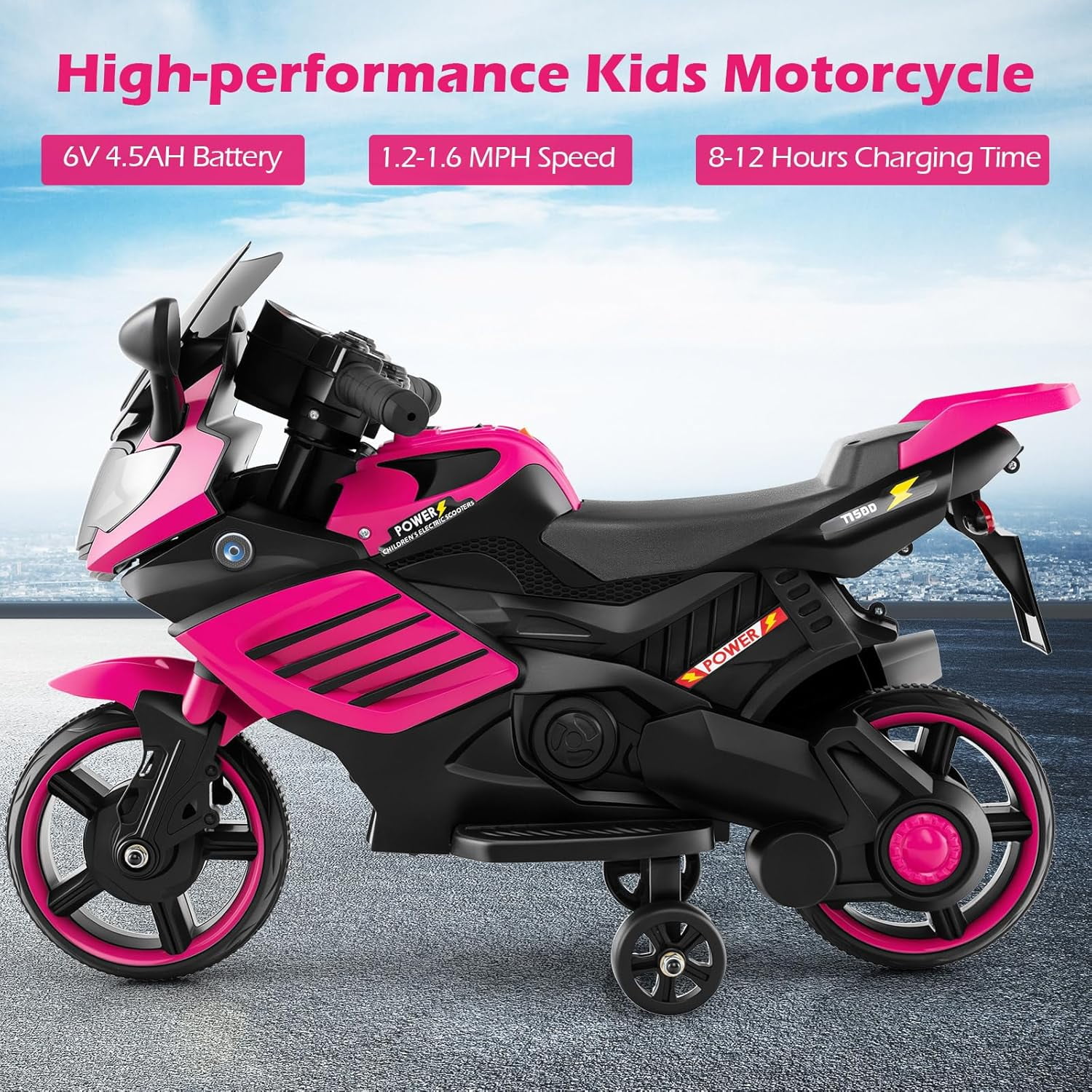 OLAKIDS 6V Kids Motorcycle with Training Wheels, Horn, Music, Headlight for Boys Girls Aged 3+ Years