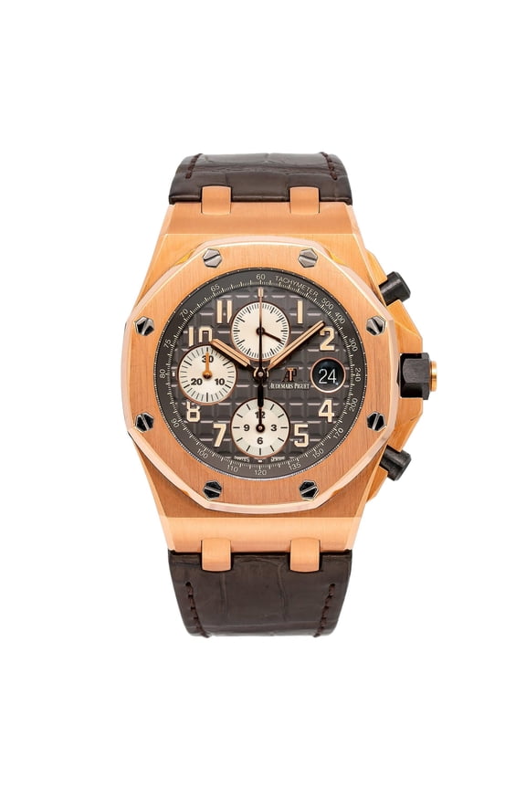 Pre-Owned Audemars Piguet Royal Oak Offshore Chronograph 42MM 26470OR.OO.A125CR.01 Gray Arabic Dial Rose Gold Bezel Brown Alligator Leather Strap