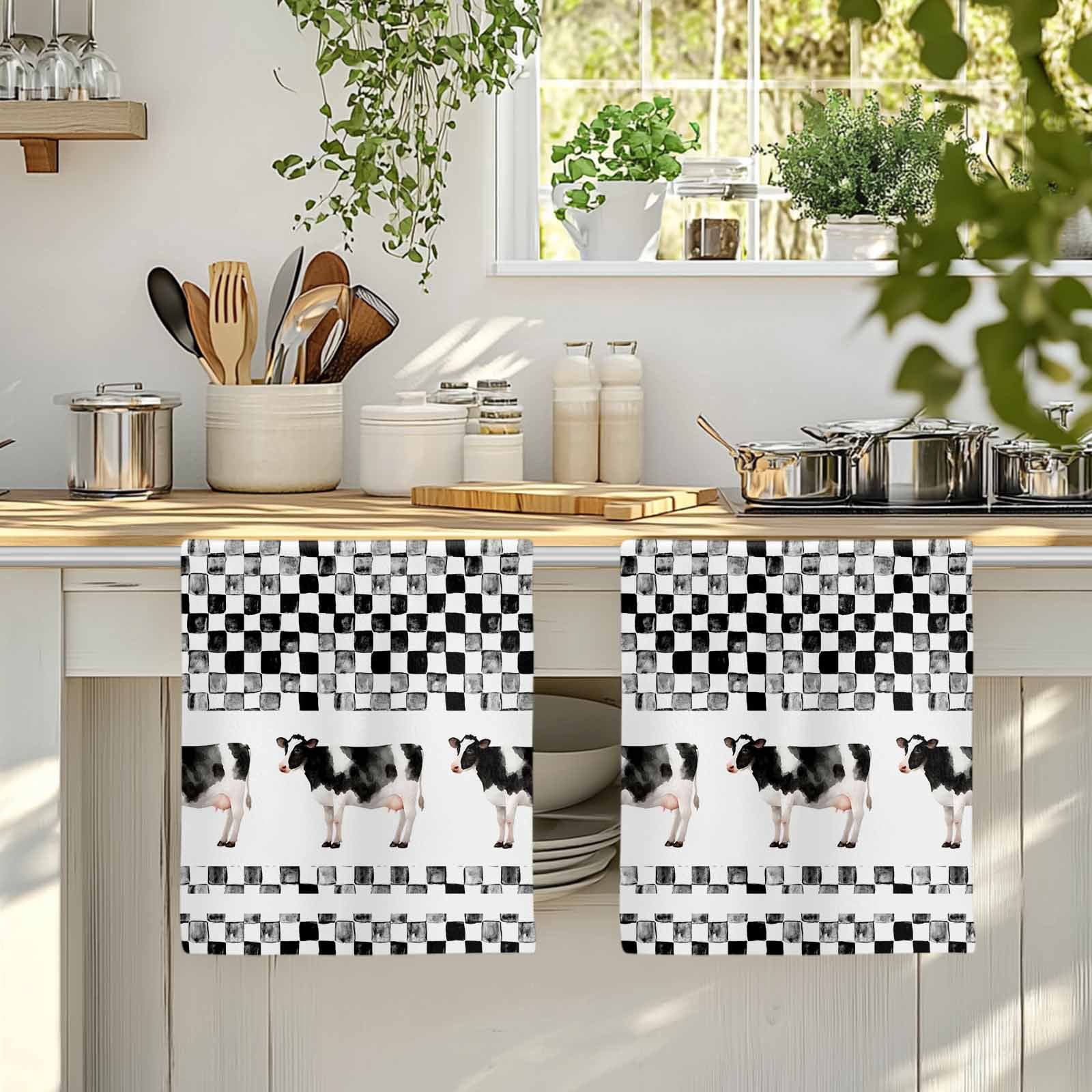Black Plaid Farmhouse Kitchen Towels Set of 1, Watercolor Cute Country Cow Checkered Absorbent Dish Towels for Kitchen, Microfiber Hand Towel, Quick Drying Tea Towel for Cleaning Dishcloths