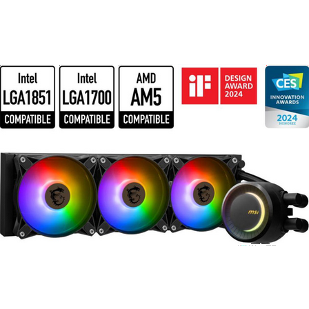 MSI MAG CoreLiquid E360 Black - AIO ARGB CPU Liquid Cooler - Rotating Cap Design - 360mm Radiator - Triple 120mm ARGB PWM Fans - LGA 1851,1700 Ready / AMD AM5 Compatible