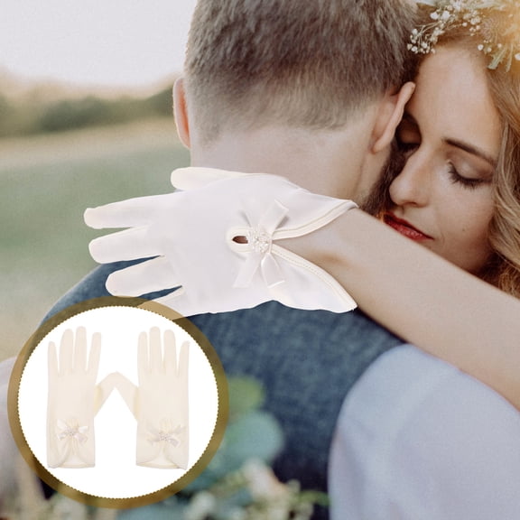 HONMEET Women's Half Finger Lace Gloves White Satin Elegant Bridal Gloves 1 Pair for Wedding and Party