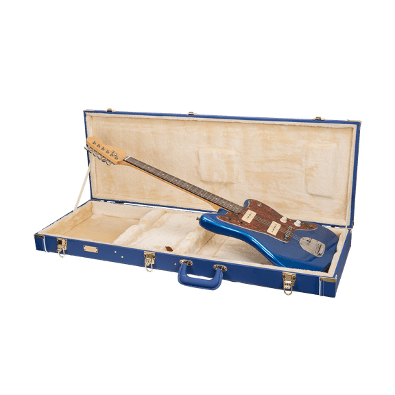 Crossrock Designer Series- Wooden Case for Jazzmaster/Jaguar Style Electric Guitars- Security Lock, Metal Feet, Storage Space- Vibrant Blue