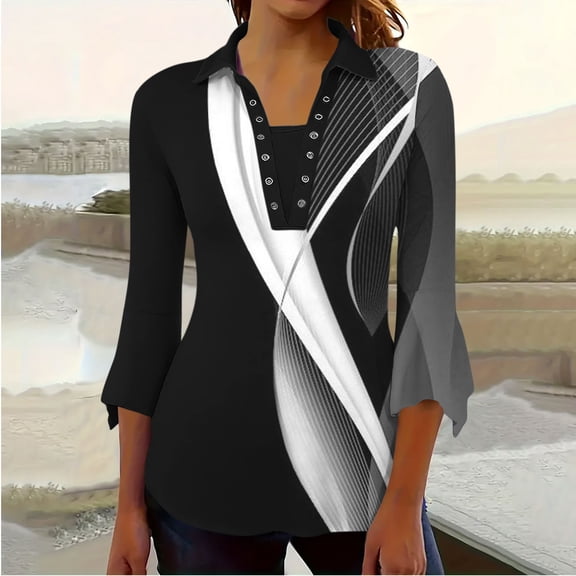 Viluyesy Lapel Collar T-Shirt for Womens 3/4 Sleeves Shirt Tops Comfortable Fashionable Relaxed Lapel Collar Petal Loose Blouse Black Size L