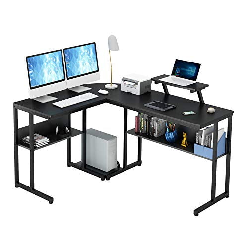 Ruitta Reversible Computer Corner Desk 58 L Shaped Gaming With Two Large Shelves Monitor Stand Cpu Space Saving Easy To Assemble Black Canada L Shaped Desk Corner Gaming, Corner Desk For Two Monitors