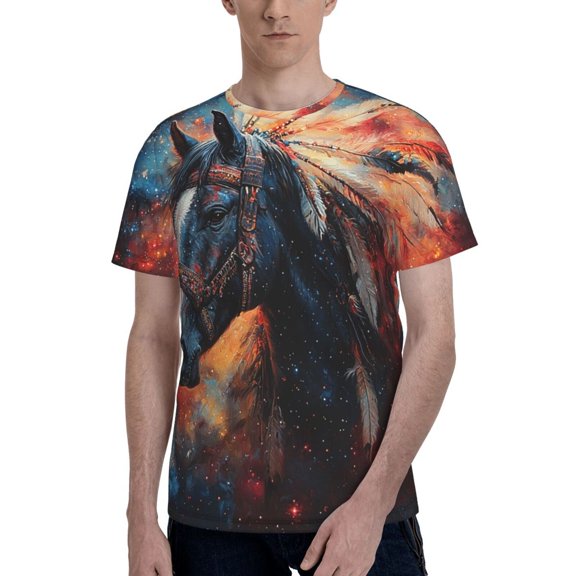 Men's 3D Graphic T Shirts Casual Short Sleeve Tee Top, Horse Tribal Ethnic Galaxy