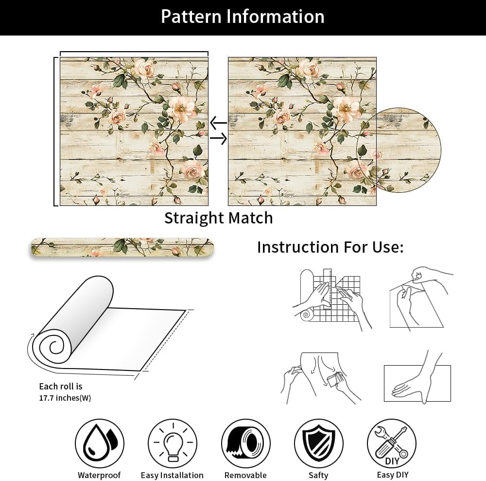 Rustic Wood Pink Wildflower Vine Rose Flower Peel and Stick Wallpaper Contact Paper Vintage Vinyl Stick on Wall Paper for Bedroom Bathroom Kitchen Cabinet Renter Friendly