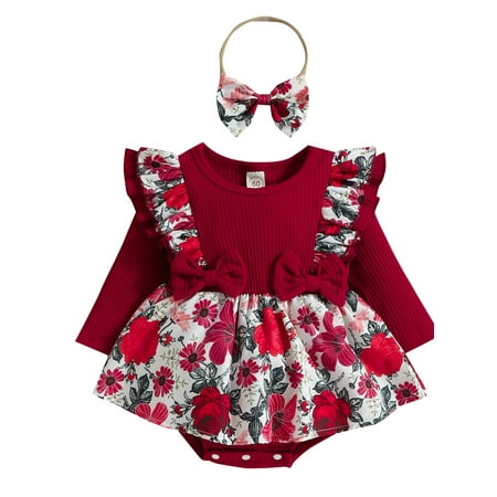 

elfinBE Infant Baby Girl Ruffle Printed Long Sleeve Romper And Hairband 2PCs Outfits Set 0-18M